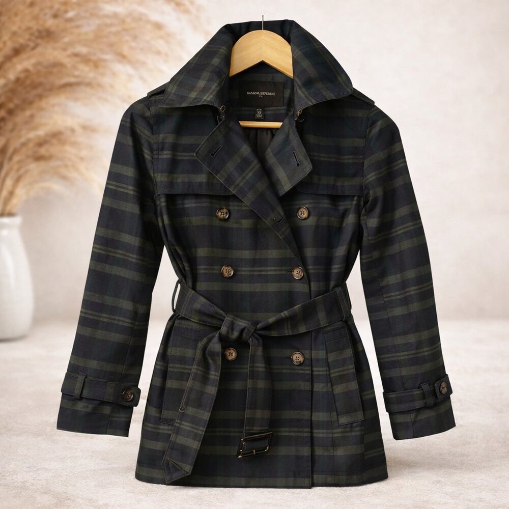 Banana Republic Novelty Plaid Short Trench Coat | XS Petite | Olive & Navy